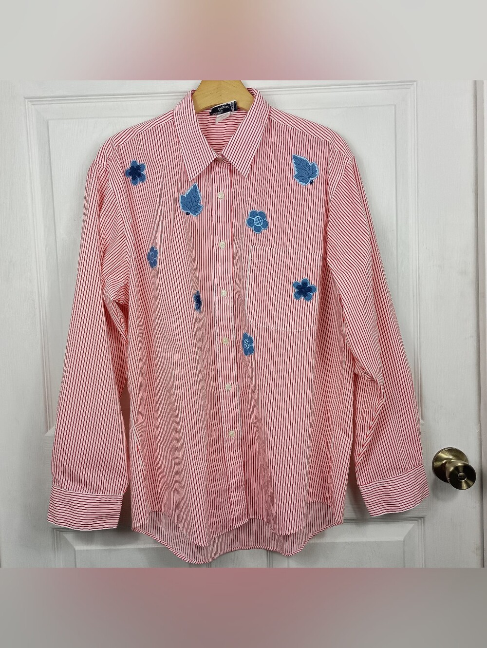 Marthas Vineyard Shirt Embroidered Striped LS Button Up Floral Leaf Vintage 90s